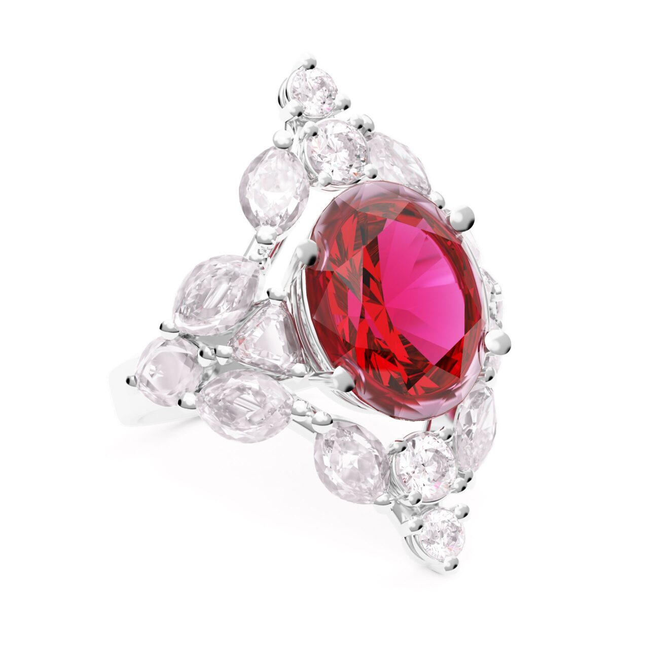 Bague Rubis Royal : un rubis taille ovale de 10 mm entouré de diamants sur un corps en or blanc 18 carats.