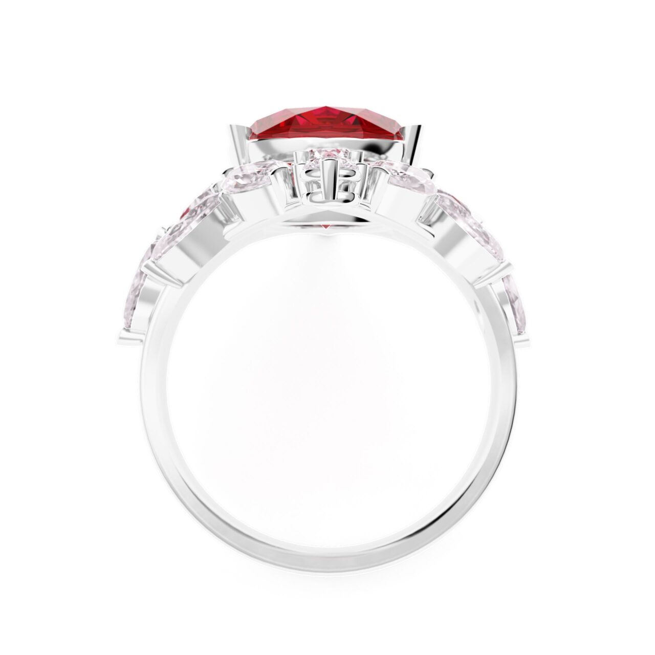 Bague Rubis Royal : un rubis taille ovale de 10 mm entouré de diamants sur un corps en or blanc 18 carats.